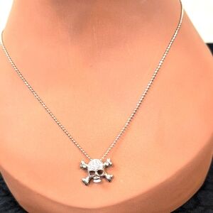 Silver Skull Pendant Necklace w/ Faux Diamonds